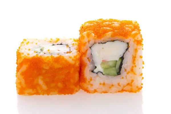 Sushi roll with salmon cheese and vegetables rolled in sesame isolated on white background — Stock Photo, Image