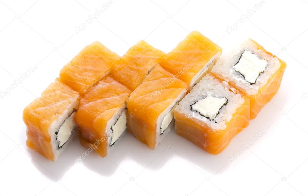 Salmon sushi roll with cheese isolated on white background