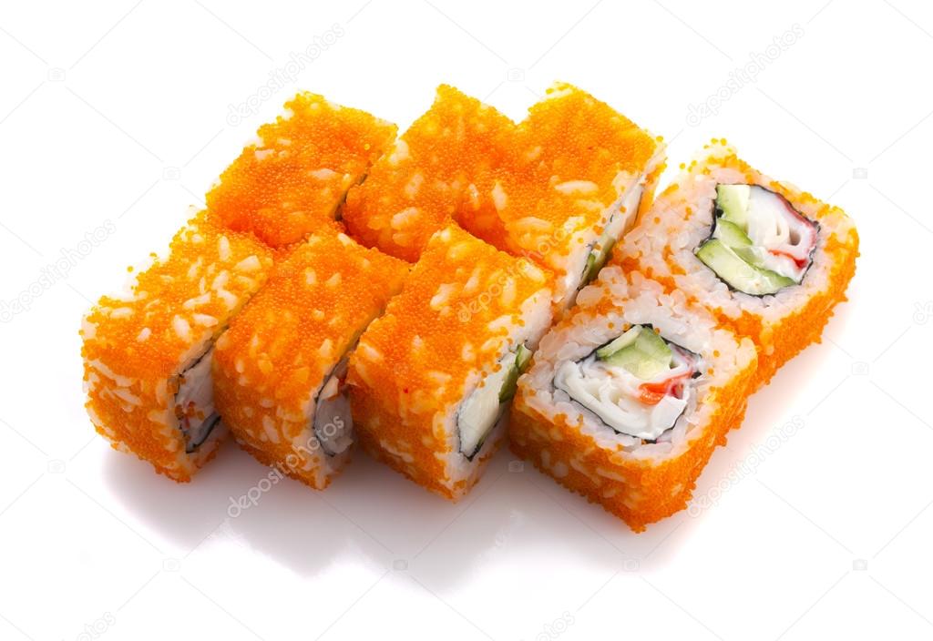 Sushi roll in ikura ( tobiko ) with crab and cucumber isolated on white background