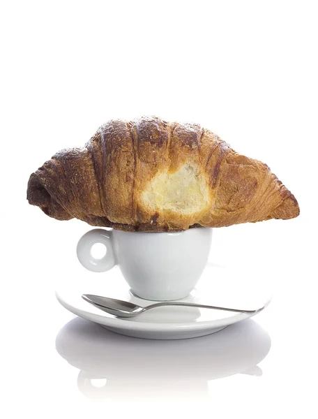 Delicious continental breakfast of coffee and croissants isolated on white background — Stock Photo, Image