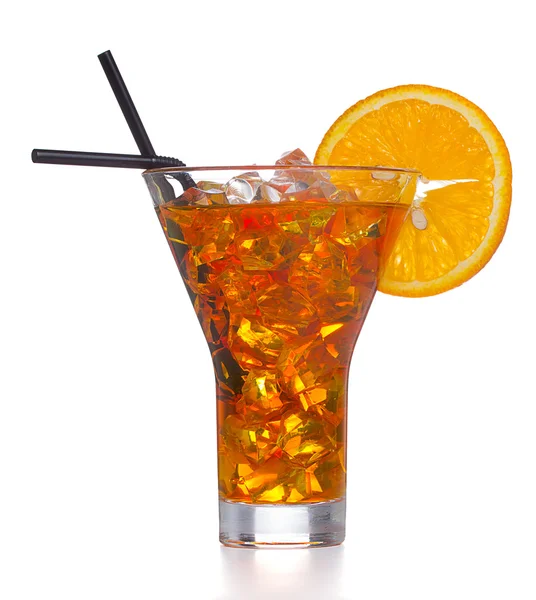 Fresh and cold ice tea with sliced orange isolated on white background — Stock Photo, Image