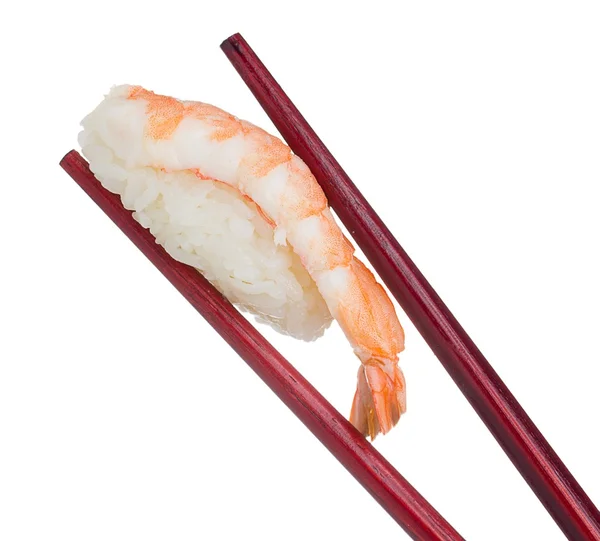 Sushi in chopsticks isolated on white background — Stock Photo, Image
