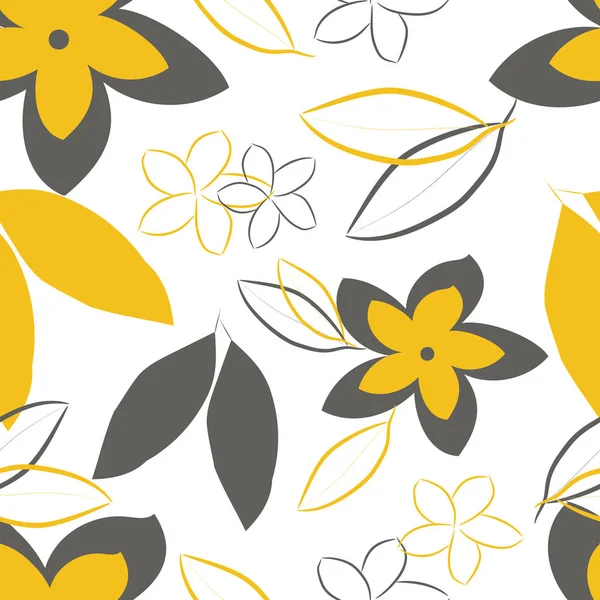 Frangipani çiçekleri beyaz arka planda sarı ve gri renklerle çizilir. Ambalaj kağıdı, moda baskısı, kumaş, giysi, yatak için kusursuz desen.