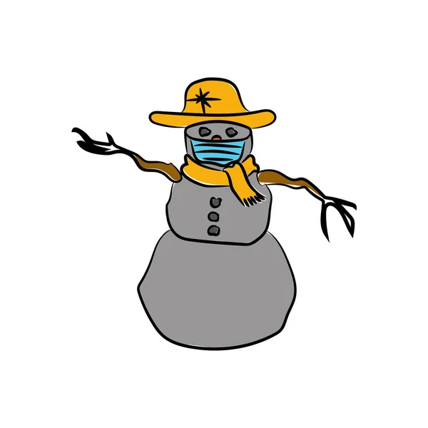 顔に青い保護マスクと海賊黄金の帽子のWgray面白い雪だるま 白い背景に隔離された漫画のキャラクター — ストック写真