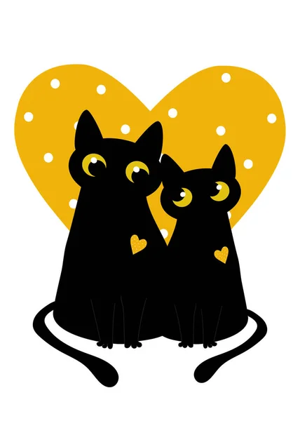 Des Chats Noirs Amoureux Cœur Jaune Pois Carte Voeux Pour — Photo