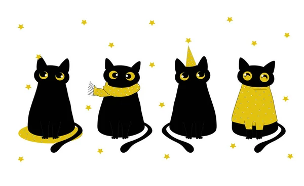 Svarta Roliga Katter Till Nyår Jul För Modetryck Textil Kläder — Stockfoto