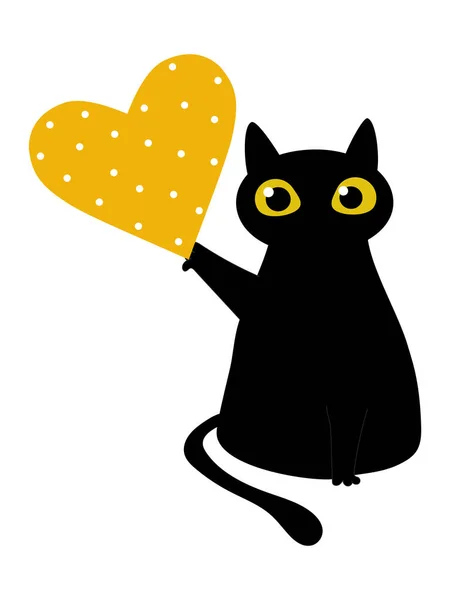 Schwarze Katze Und Ein Gelbes Herz Mit Tupfen Valentinstag Grußkarte — Stockfoto