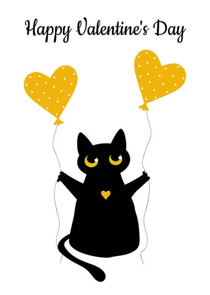 Siyah Kedi Benekli Sarı Bir Kalp Sevgililer Günü Tebrik Kartı — Stok fotoğraf