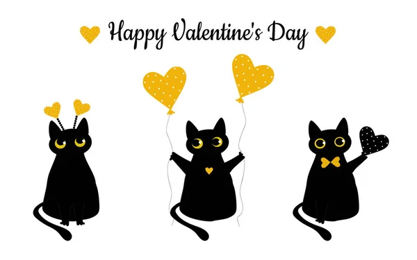 Zwarte Kat Een Geel Hart Met Stippen Valentijnsdag Wenskaart Patroon — Stockfoto