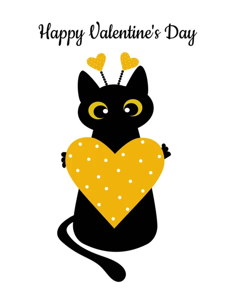 Zwarte Kat Een Geel Hart Met Stippen Valentijnsdag Wenskaart Patroon — Stockfoto