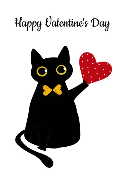 Zwarte Kat Een Rood Hart Met Stippen Valentijnsdag Wenskaart Patroon — Stockfoto