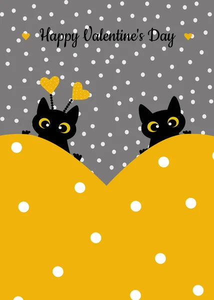 Zwarte Kat Geel Hart Met Stippen Een Grijze Achtergrond Wenskaart — Stockfoto