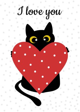 Gri arka planda benekli siyah kedi ve kırmızı kalp. Sevgililer Günü için tebrik kartı, aşk ilanı. Bardaklar, tekstil, kıyafetler, defterler üzerindeki modaya uygun izler için desen.