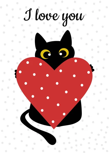 Gri arka planda benekli siyah kedi ve kırmızı kalp. Sevgililer Günü için tebrik kartı, aşk ilanı. Bardaklar, tekstil, kıyafetler, defterler üzerindeki modaya uygun izler için desen.