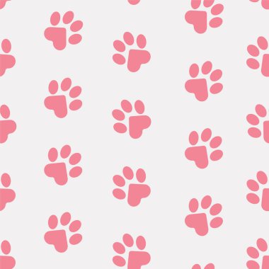 Kedi pençeleri, köpek, köpek. Yatak, kumaş, arka plan, web siteleri, kartpostallar, bebek baskıları, ambalaj kağıtları için kusursuz pembe hayvan ayak izi deseni.