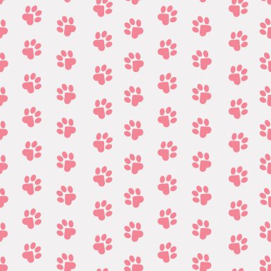 Kedi pençeleri, köpek, köpek. Yatak, kumaş, arka plan, web siteleri, kartpostallar, bebek baskıları, ambalaj kağıtları için kusursuz pembe hayvan ayak izi deseni.