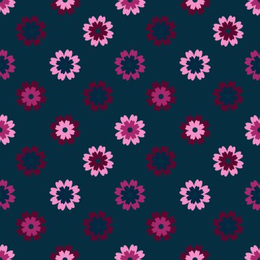 Koyu mavi arka planda çok renkli küçük çiçekler. Tekstil, giysi, kapak, planör, ambalaj kağıdı için pürüzsüz yay deseni.