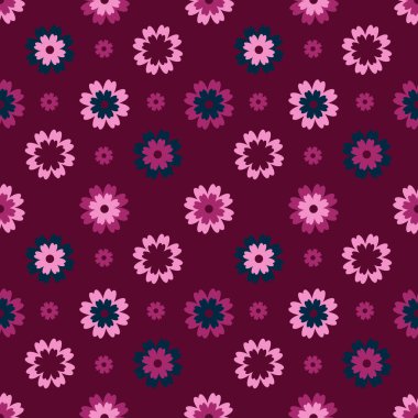Mor arka planda çok renkli küçük çiçekler. Tekstil, giysi, kapak, planör, ambalaj kağıdı için pürüzsüz yay deseni.