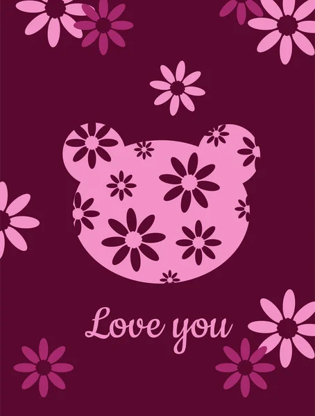 Testa Dell Orso Rosa Con Fiori Sfondo Viola Carino Biglietto — Foto Stock