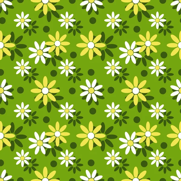 緑色の背景にカモミールの花 スリッパ 包装紙のためのシームレスな春のパターン — ストック写真