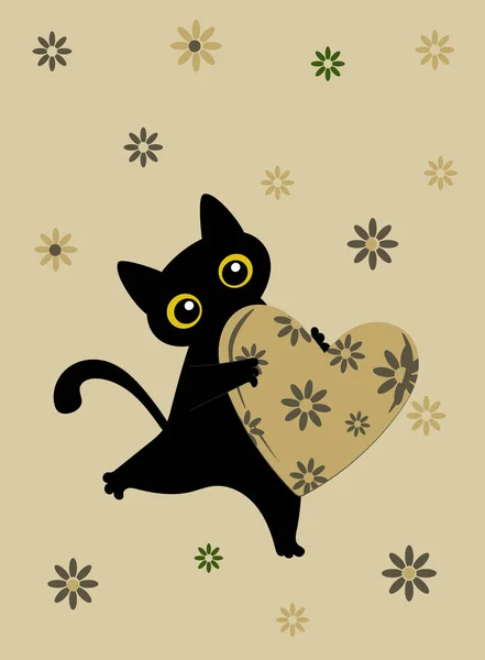 Zwarte Kat Lentebloem Hart Bruin Valentijnskaart Een Patroon Voor Modieuze — Stockfoto
