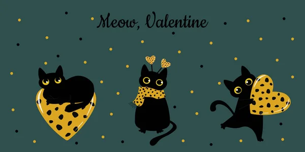 Black Cat Spotted Heart Valentine Card Trending Colors Green Tide — Stock Photo, Image