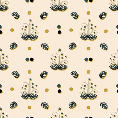 Kusursuz çizgili yeşil yapraklar ve pembe arka planda daireler. Tekstil, kumaş, yatak, ambalaj kağıdı, kapak, duvar kağıdı baskısı için..