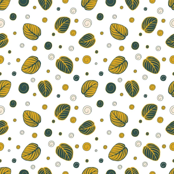 Seamless pattern of striped green-yellow leaves and circles on a white background. For printing on textiles, fabrics, bedding, wrapping paper, covers, wallpapers.
