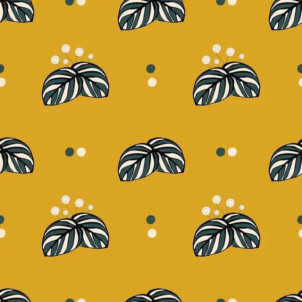 Seamless pattern of striped green-white leaves and circles on a yellow background. For printing on textiles, fabrics, bedding, wrapping paper, covers, wallpapers.