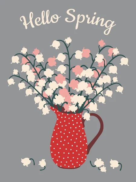 Весенняя Открытка Hello Spring Нежная Лилия Долины Цветет Красном Кувшине — стоковое фото