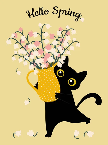 Cartão Saudação Primavera Hello Spring Gato Engraçado Preto Com Buquê — Fotografia de Stock