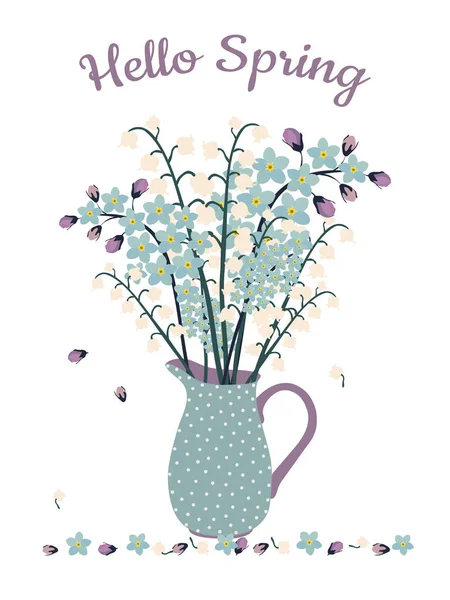 Весенняя Открытка Hello Spring Тонкие Цветы Лилии Долины Забудки Голубом — стоковое фото