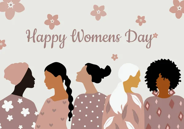 Szczęśliwego Dnia Kobiet Szablon Pocztówki Pastelowych Kolorach Kobietami Różnych Narodowości — Zdjęcie stockowe