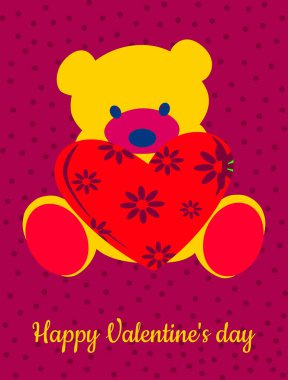 Sevimli ayı ve bahar çiçeği kalbi. Sarı ve kırmızı sevgililer günü kartı. Bardaklar, yastıklar, tekstil, kıyafetler, tişörtler üzerindeki moda baskıları şablonu.