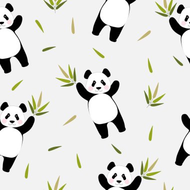 Pençelerinde bambu dalı tutan sevimli pandalarla kusursuz bir desen. Çin ayısı kumaş, tekstil, yatak örtüsü, tatil kağıdı baskısı için..