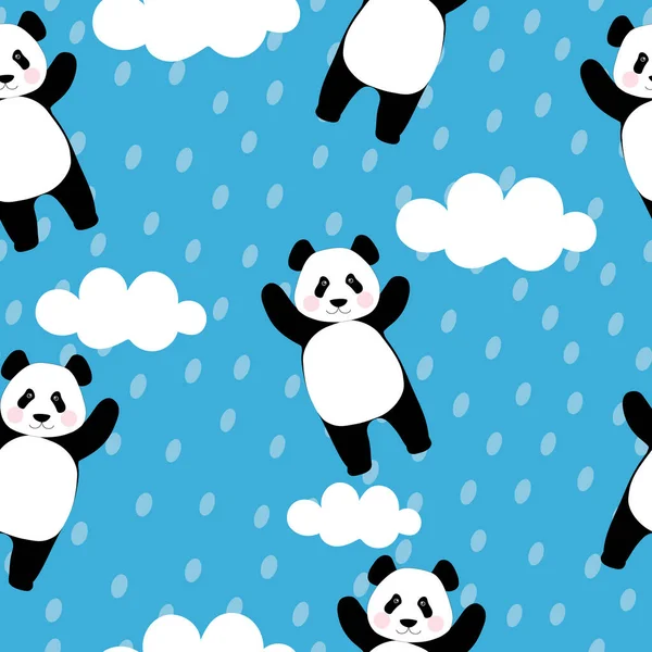 Płynny Wzór Marzycielskimi Pandami Chmurami Błękitnym Niebie Chiński Niedźwiedź Nadruku — Zdjęcie stockowe