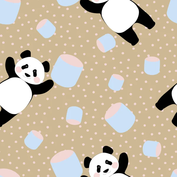 Bezešvé Vzor Čínskými Roztomilé Pandy Barevné Marshmallows Béžové Pozadí Malými — Stock fotografie