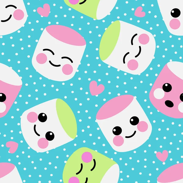 Seamless pattern with cute colored marshmallows on blue. Children\'s illustration for printing on fabric, textiles, paper, bedding.