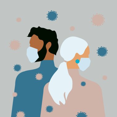 Coronavirus karantinası. 2019-NCoV, kadın ve adam uzaktan tıbbi maskeler takıyor.. 