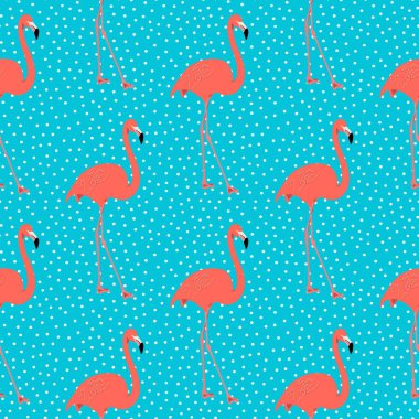 Turkuaz benekli arka planda egzotik pembe flamingolu kusursuz desen. Kumaş, tekstil, kağıt ve yatak baskısı için kuşlar.. 