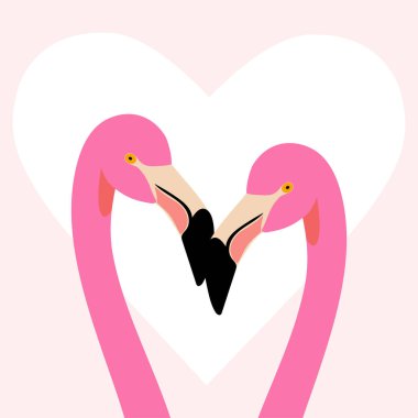 Sevgililer Günü için pembe flamingolar. Kıyafetlere, defterlere, dekoratif yastıklara, kupalara basmak için kuşların oynadığı tropik romantik kart.. 