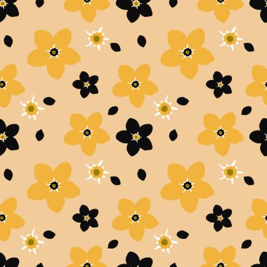 Çiçeklerin kusursuz deseni siyah ve sarı. Tekstil, kumaş, çarşaf, ambalaj kağıdı, kapak, duvar kağıdı baskı şablonu. 