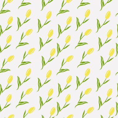 Gri arka planda sarı laleleri olan kusursuz yay deseni. Kumaşlar, tekstil, kağıt ve dekoratif iç tasarım üzerine baskı yapmak için..