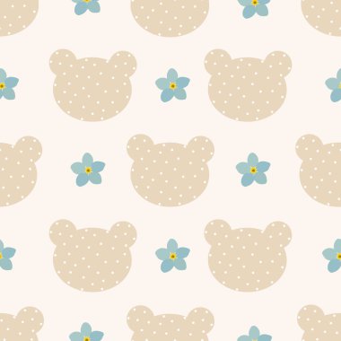 Puantiyeli ayı ve Anneler Günü 'nün mavi unutma beni çiçeği sembolü. Kumaşa, çocuk tekstiline, duvar kağıdına, ambalaj kağıdına baskı yapmak için kusursuz desen. 