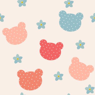 Puantiyeli ayı ve Anneler Günü 'nün mavi unutma beni çiçeği sembolü. Kumaşa, çocuk tekstiline, duvar kağıdına, ambalaj kağıdına baskı yapmak için kusursuz desen. 