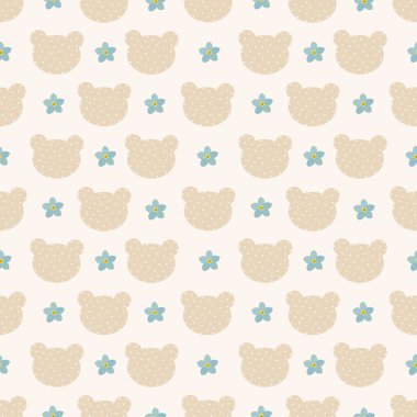 Puantiyeli ayı ve Anneler Günü 'nün mavi unutma beni çiçeği sembolü. Kumaşa, çocuk tekstiline, duvar kağıdına, ambalaj kağıdına baskı yapmak için kusursuz desen. 