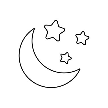 Ay ve yıldızlar beyaz arka planda izole edilmiş. Siyah doğrusal hilal ve yıldız simgesi. İnce satır özelleştirilebilir illüstrasyon. 