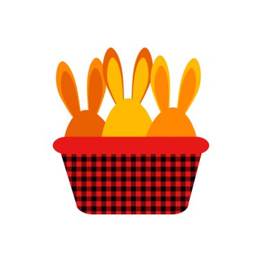 Paskalya için beyaz arka planda sepetin içinde uzun kulaklı tavşanlar. Giysi, mutfak tekstili, çocuk dekorasyonu, iç tasarım için hoş bir illüstrasyon..