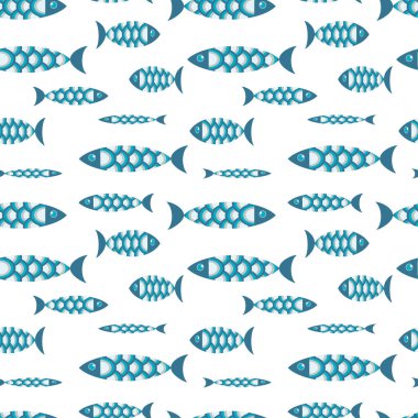 Beyaz arka planda yaratıcı mavi balık. Kumaşlar, kağıt, ambalaj, tasarım, iç mekan, çocuk dekorasyonu için şirin deniz şekilsiz desen. 