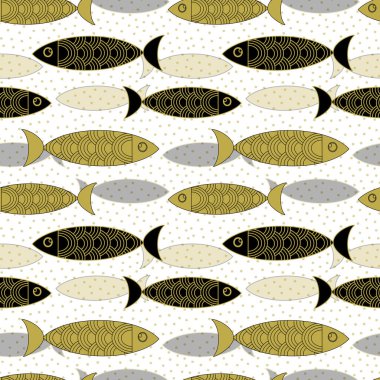 Beyaz arka planda yaratıcı altın ve siyah balık. Kawaii, kumaş, kağıt, ambalaj, tasarım, iç mekan, çocuk dekorasyonu için kusursuz desen. 
